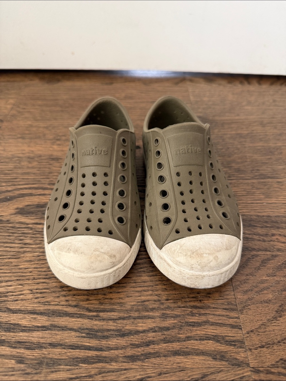 Native Kids Slip-On Sneakers in Olive Green with White Toe